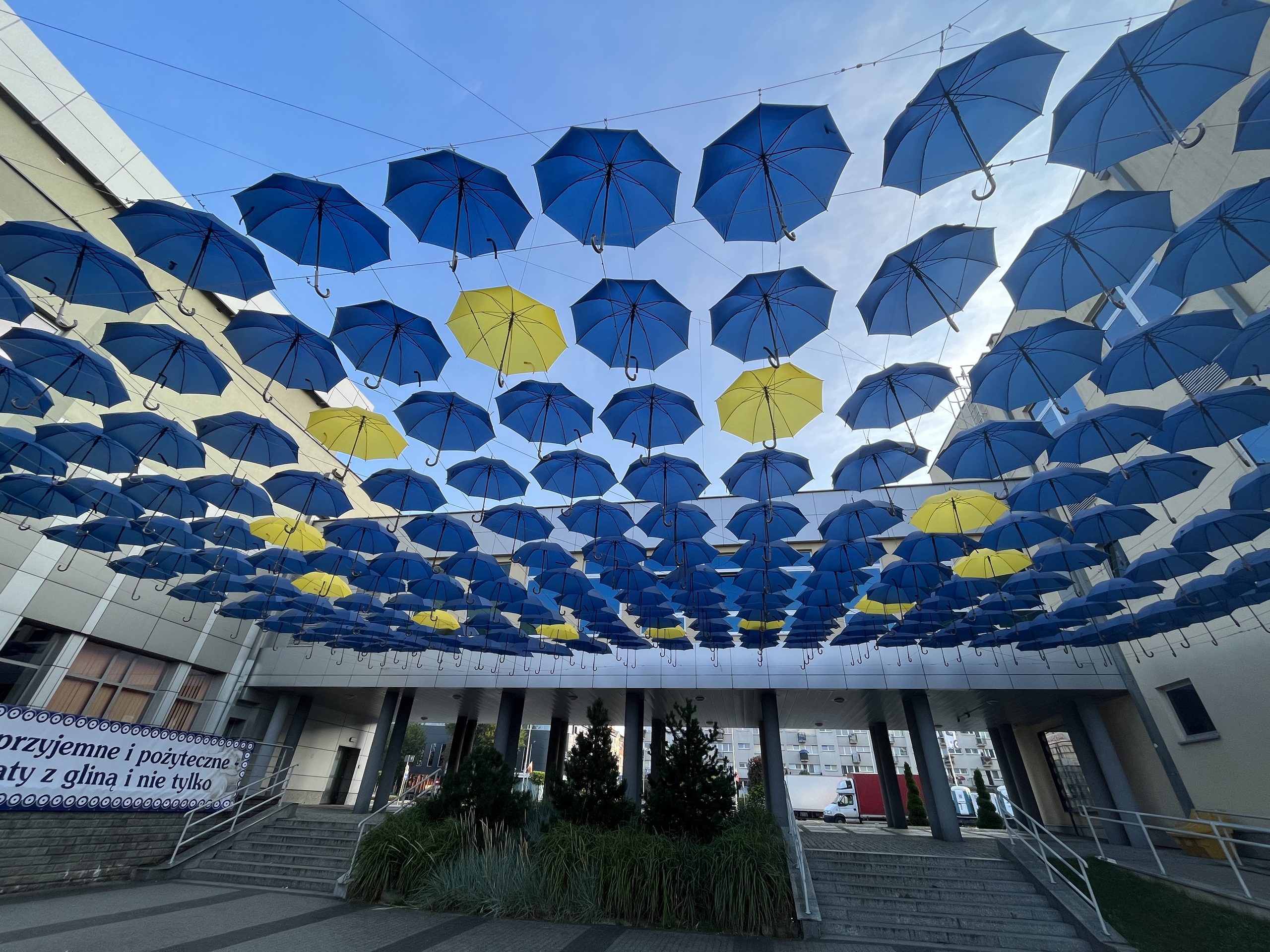 Podwieszana instalacja z niebieskich i żółtych parasoli nad dziedzińcem BOK–MCC w Bolesławcu